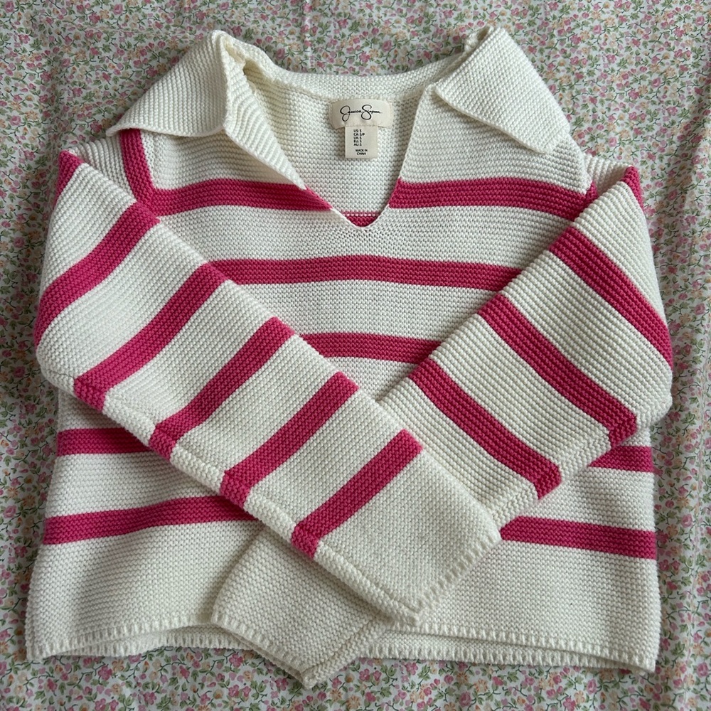 Jessica Simpson Pink and White V-Neck Sweater